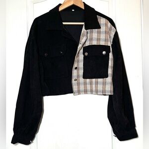 Cropped Black Corduroy & Plaid Panel Shacket Jacket Colorblock Oversized Casual